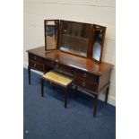 A STAG MINSTREL DRESSING TABLE with a triple mirror, width 153cm and matching stool (sd) (2)