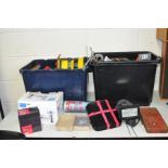 TWO BOXES CONTAINING TOOLS AND WATCH PARTS, including a Virgin box, PIR light, bath tap, tray of
