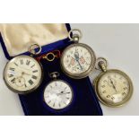 THREE POCKET WATCHES AND A STOP WATCH, to include a silver open faced watch, white dial, Roman