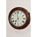 A VICTORIAN WALNUT CASED CIRCULAR THIRTY HOUR WALL CLOCK, painted 28cm/11'' dial, Roman numerals,