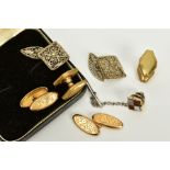 THREE SETS OF CUFFLINKS AND A TIE PIN, a 9ct gold pair of floral engraved oval cufflinks, hallmarked