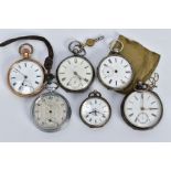 SIX OPEN FACED POCKET WATCHES, to include three silver watches such as two with white dials, Roman