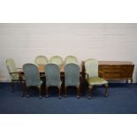 A REPRODUCTION BRIDGECRAFT MAHOGANY DINING SUITE, comprising an extending dining table with one