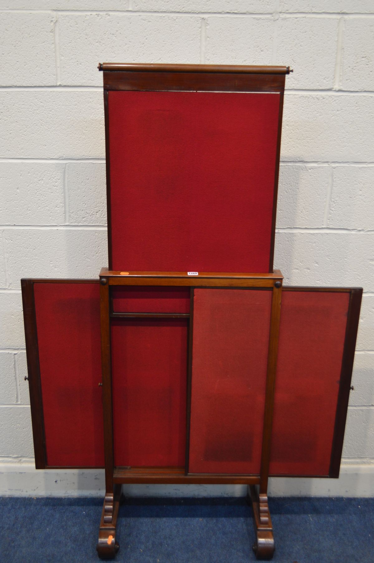 A VICTORIAN MAHOGANY FABRIC FIRESCREEN, with triple pull out panels, together with a needlework - Image 2 of 3