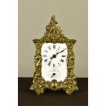 A LATE 19TH CENTURY FRENCH BRASS CASED ALARM MANTEL CLOCK, with figural surmount, the front and back