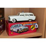 A BOXED MARX PLASTIC BATTERY OPERATED FORD ZEPHYR MKII FARNHAM ESTATE M1 MOTORWAY POLICE PATROL CAR,