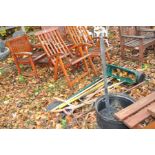 TWO FOLDING GARDEN CHAIRS, two garden seats adjoined by an angled table top, width 155cm and a