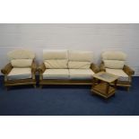 A FOUR PIECE CONSERVATORY SUITE, cream cushions, comprising a two seat settee, two armchairs and