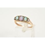 A 9CT GOLD FIVE STONE OPAL RING, designed with graduated oval and circular cut cabochon opals,