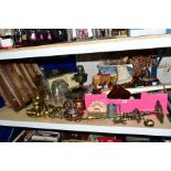 TWO BOXES AND LOOSE COPPER, BRASS, TREEN, COLLECTABLES, etc, including two display frames, a white