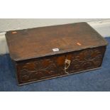 AN 18TH CENTURY OAK BIBLE BOX, with foliate and flower head decoration to front panel, width 60cm