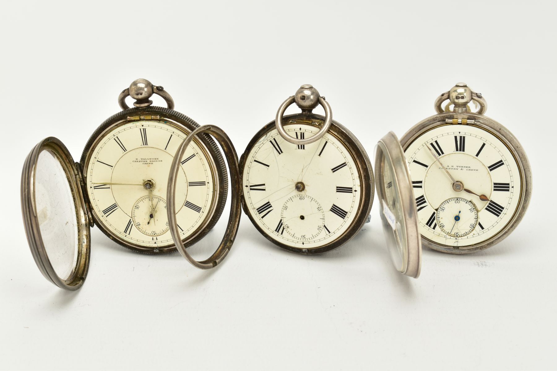 THREE SILVER OPEN FACED POCKET WATCHES, to include an 'R. Wallwork', cream dial, Roman numerals, - Image 3 of 4