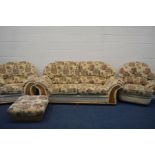 A PINE AND UPHOLSTERED FOUR PIECE LOUNGE SUITE, comprising a two seater settee, armchair, a swivel