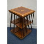 A REPRODUCTION EDWARDIAN STYLE MAHOGANY AND SATINWOOD INLAID REVOLVING BOOKCASE,