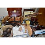 FOUR BOXES, A BASKET AND LOOSE SUNDRY ITEMS, to include shooting stick, leather briefcase, cased