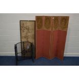 A PINK UPHOLSTERED THREE FOLD FLOOR STANDING SCREEN, depicting female figures, together with an