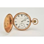 AN EARLY 20TH CENTURY 9CT GOLD ELGIN FULL HUNTER POCKET WATCH, white enamel dial with Roman numerals