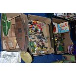 THREE BOXES OF VINTAGE CHILDREN'S TOYS, including wooden pond yachts in need of attention,