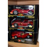 THREE BOXED BURAGO 1/18 SCALE FERRARI DIECAST SPORTS CAR MODELS, 1957 250 Testa Rossa, No 3007, 1962