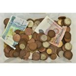 A PLASTIC TUB OF MAINLY UK COINAGE to include amounts of pre 1947 silver