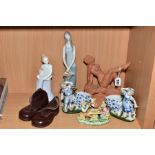 A GROUP OF CERAMICS AND COLLECTABLES, including a pair of child's vintage brown leather boots, a