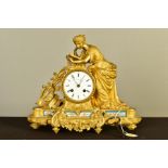 A 19TH CENTURY FRENCH ORMOLU FIGURAL MANTEL CLOCK, the enamel dial (s.d) with Roman numerals,