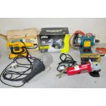 A BOX CONTAINING SIX POWER TOOLS, including a brand new in box Challenger Extreme bench grinder (