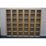 TWO MODERN BEECH FINISH GLAZED DOUBLE DOOR BOOKCASES, width 80cm x depth 30.5cm x height 202cm,