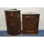 A GEORGIAN MAHOGANY BOW FRONT DOUBLE DOOR HANGING CORNER CUPBOARD, together with another oak hanging