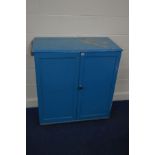 A BLUE PAINTED VICTORIAN PINE TWO DOOR CABINET width 100cm x depth 45cm x height 104cm