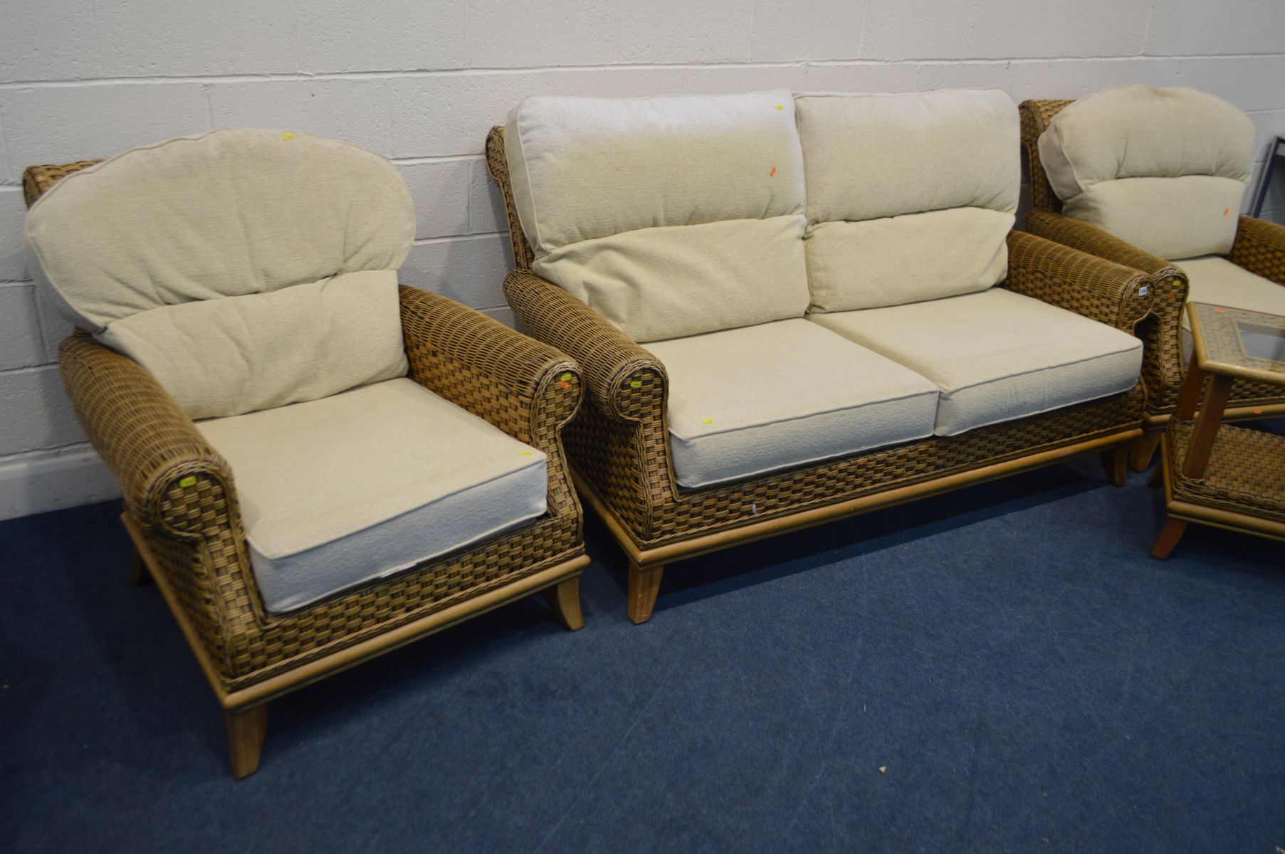 A FOUR PIECE CONSERVATORY SUITE, cream cushions, comprising a two seat settee, two armchairs and - Image 2 of 4