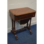 A LATE VICTORIAN MAHOGANY WORK TABLE, with a fold over top revealing a games board including chess
