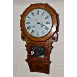 A LATE VICTORIAN WALNUT DROP CASE WALL CLOCK, wavy frame surrounding the 29cm, 11 1/2'' diameter