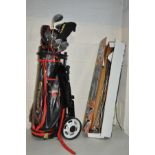 A GOLF BAG AND A BOX CONTAINING GOLF CLUBS, including Dunlop, Donnay, Hippo, Diawa etc along with