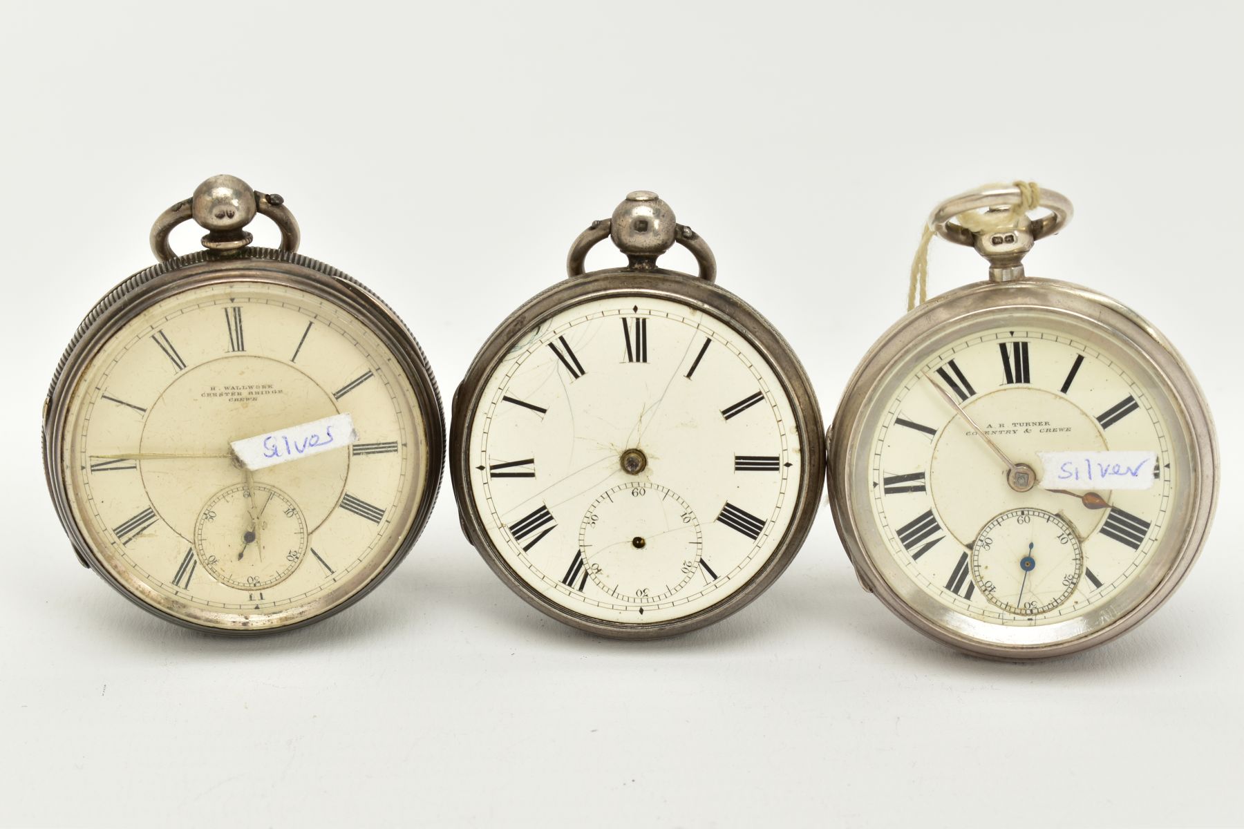 THREE SILVER OPEN FACED POCKET WATCHES, to include an 'R. Wallwork', cream dial, Roman numerals,