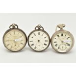 THREE SILVER OPEN FACED POCKET WATCHES, to include an 'R. Wallwork', cream dial, Roman numerals,