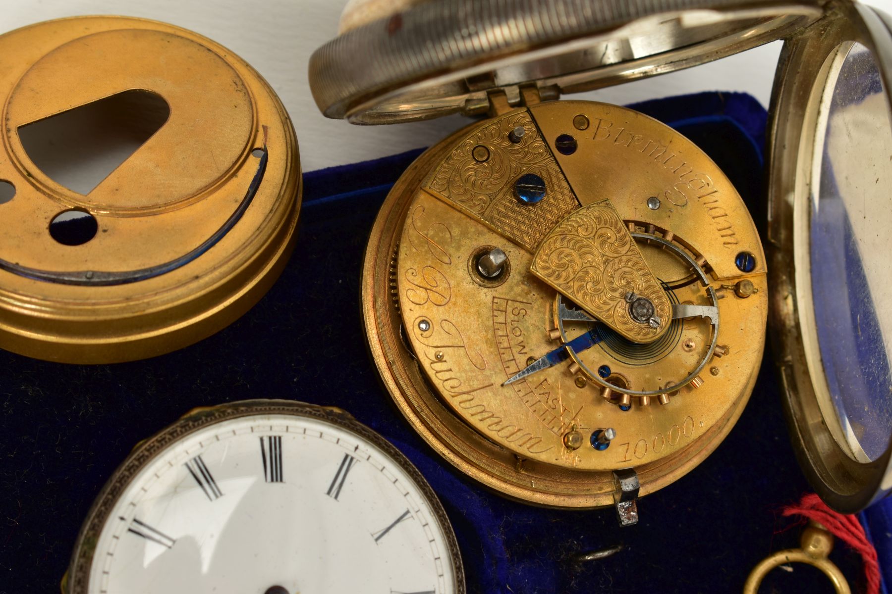 THREE POCKET WATCHES AND A STOP WATCH, to include a silver open faced watch, white dial, Roman - Image 5 of 7