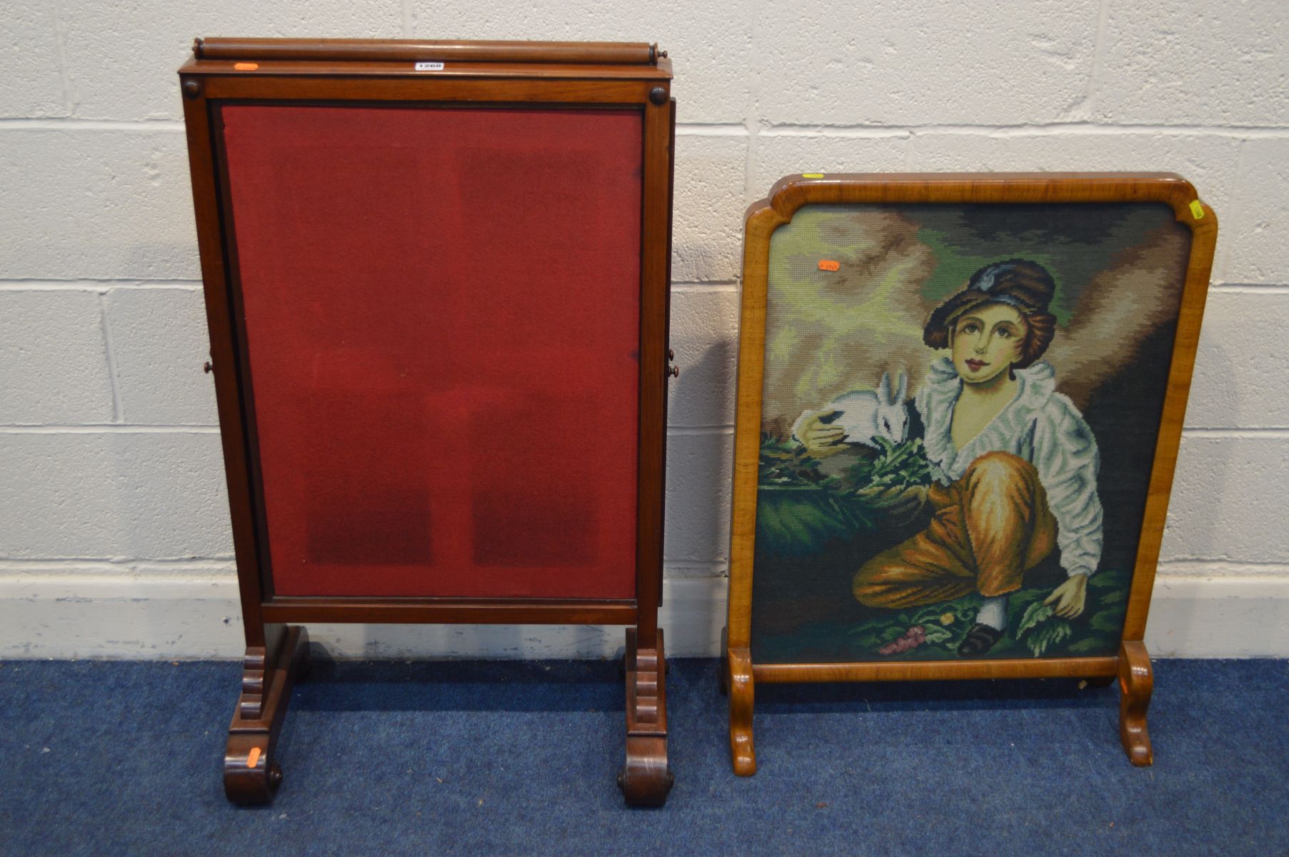 A VICTORIAN MAHOGANY FABRIC FIRESCREEN, with triple pull out panels, together with a needlework