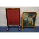 A VICTORIAN MAHOGANY FABRIC FIRESCREEN, with triple pull out panels, together with a needlework