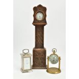 THREE CLOCKS TO INCLUDE, a wooden miniature grandfather clock measuring approximately 350mm in