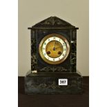A LATE 19TH CENTURY BLACK SLATE AND MARBLE MANTEL CLOCK OF ARCHITECTURAL FORM, enamel chapter ring