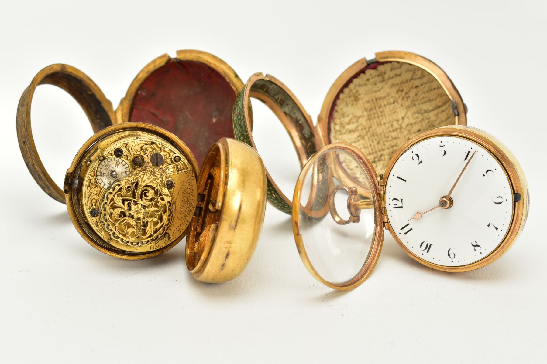 TWO EARLY 19TH CENTURY GILT METAL PAIR CASED POCKET WATCHES, a shagreen pair cased verge pocket by - Image 6 of 12