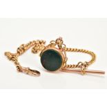 A 9CT GOLD ALBERT CHAIN AND FOB, the swivel fob of circular design, swivels to reveal bloodstone and