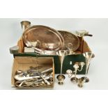 A SELECTION OF ITEMS, to include an oval silver plate on copper floral and scroll embossed tray,