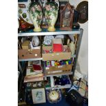 A LARGE QUANTITY OF CERAMICS, GLASSWARE, HOUSEHOLD SUNDRIES, stamps, prints, clock cases, a
