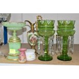 VICTORIAN GLASS WARES, comprising a pair of green Bohemian table lustres, approximate height