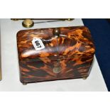 AN EARLY VICTORIAN TORTOISESHELL RECTANGULAR TEA CADDY, ball finial on the hinged rounded lid, the