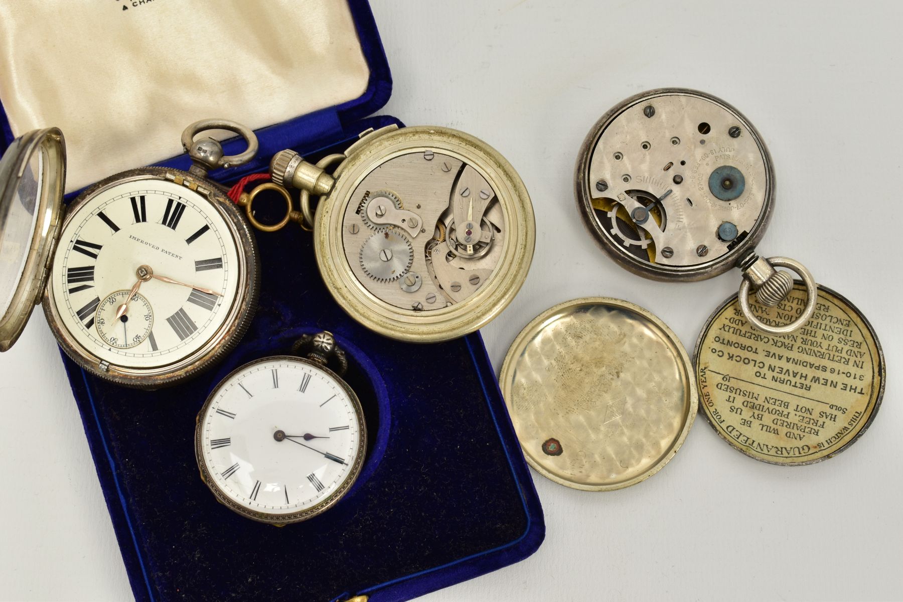 THREE POCKET WATCHES AND A STOP WATCH, to include a silver open faced watch, white dial, Roman - Image 3 of 7