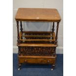 A VICTORIAN BURR WALNUT AND WALNUT CANTERBURY, the rectangular top with marquetry inlay, on four
