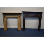 A DISTRESSED PINE FIRE SURROUND, width 134cm x height 128cm and a mahogany fire surround (sd) (2)